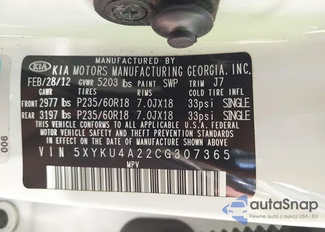 2012 Kia Sorento Ex z USA, uszkodzony, nr VIN 5XYKU4A22CG307365